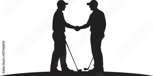 Two male golfers stand on green and shake hands in silhouette, with golf clubs next to them, signifying sportsmanship on course during golf game.