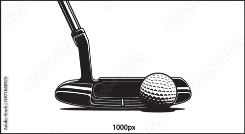 Putter club hitting golf ball on green vector silhouette professional sport equipment illustration for tournament design isolated athletic gear graphic on transparent background.