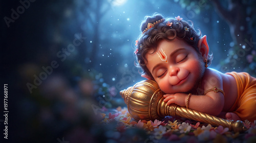 Cute Baby Hanuman Ji Sleeping Peacefully, Divine Aura, Jai Bajrangbali