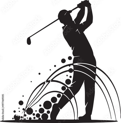 Silhouette golfer swinging golf putter with golf ball and splash effect illustration, player making shot with club. perfect for sport themed designs and graphic design.