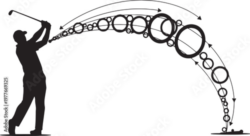 Golf player silhouette swinging club with ball trajectory path abstract design circles showing movement and direction on course professional athlete motion graphic illustration.