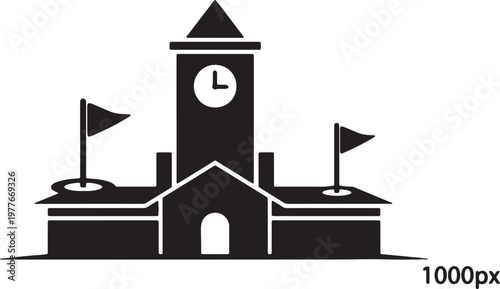 Traditional golf clubhouse silhouette with clock tower and flags vector icon architectural building symbol for professional sports facility and country club tournament structure.
