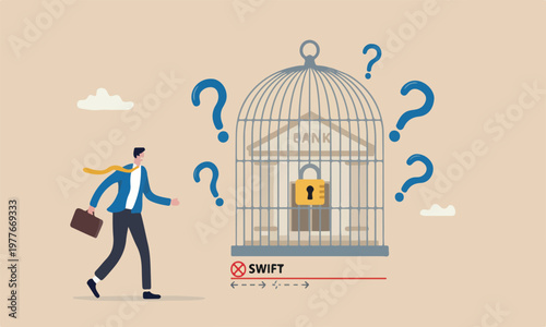 Financial international money transfer, lockdown bank transaction against Russian war concept, businessman look at bank building locked inside bird cage