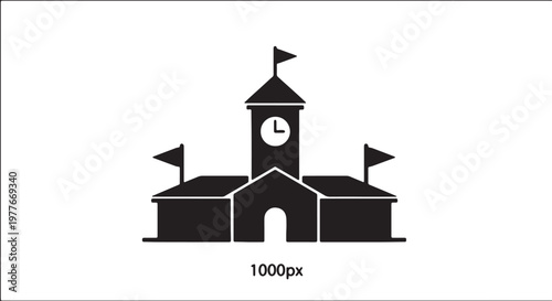 Golf club house building icon silhouette with clock tower and flags traditional sports facility architecture symbol for country club and tournament venue graphic design elements.