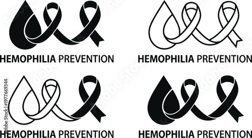Hemophilia awareness logos with ribbons and blood drops for health and medical campaigns