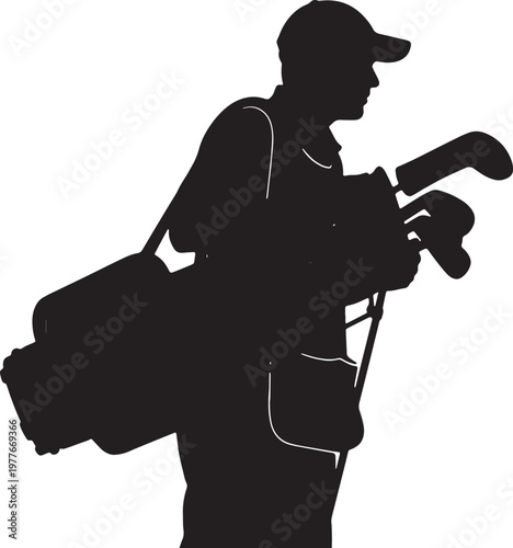 Silhouette of golf caddy carrying equipment bag on shoulder during game professional player assistant walking with clubs black vector outline graphic of sports activity outdoors.