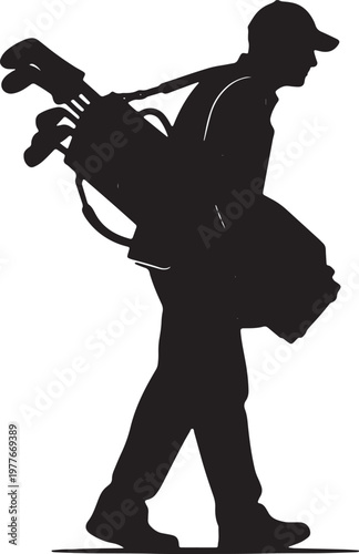 Golf caddy silhouette walking with professional equipment bag side view black outline athlete carrying heavy gear on course training player walking across green field silhouette.