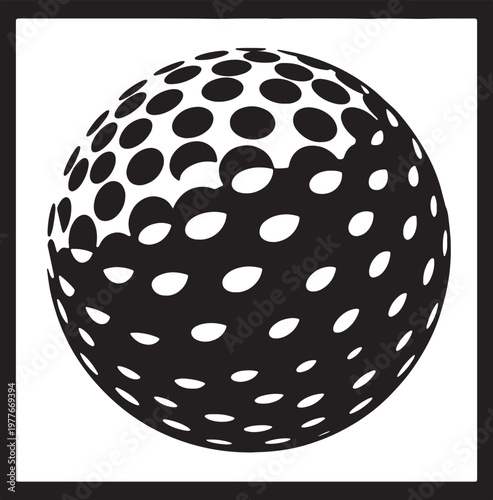 Black silhouette of golf ball with circular dimples pattern on checkered background isolated vector illustration.