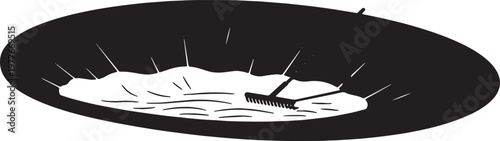 Golf course sand bunker silhouette with maintenance rake vector graphic representing sports hazards and professional facility care for landscaping and course management projects.