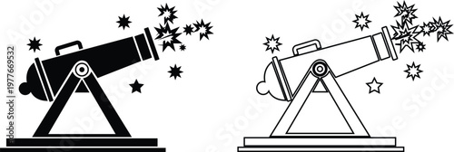 Cannon artillery weapon icon set collection group in black flat and line style vector illustration, military gun blast explosion symbol pack minimal outline design bundle