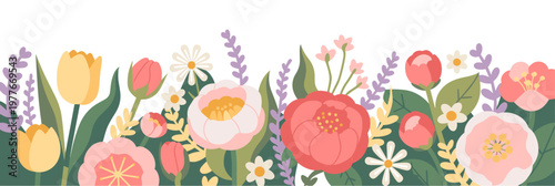 Pastel flowers bloom with soft, cheerful grace. Tulips, daisies, and lavender peek through greenery. Petals radiate warmth, inviting calm and joy. Ideal for spring designs, weddings