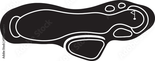 Golf course layout abstract shape with hole flag and water obstacles for playing sport outdoor recreation on checkered background.