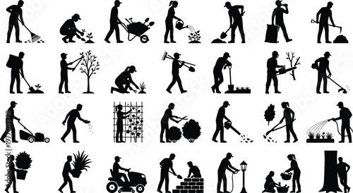 Collection of people gardening and landscaping in silhouette on white background