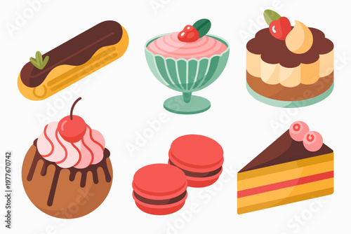 Delicious dessert icons, cake and pastry illustrations, sweet treats, bakery vector graphics