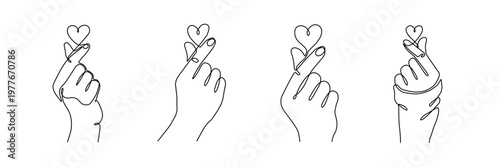 Continuous one line heart love hand korean finger icon care. Korean heart sign one line self valentine vector doodle symbol outline drawn art day drawing illustration print trend logo k gesture happy.