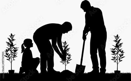 People Planting Trees Silhouette Vector with Family Gardening and Environmental Reforestation Concept.