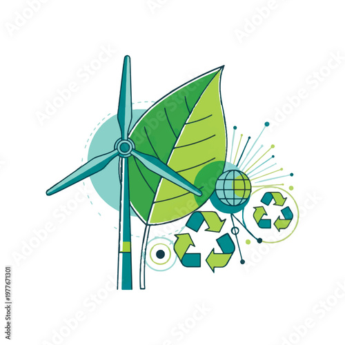 Eco-friendly concept illustration featuring a wind turbine, green leaf, and recycling symbols. Flat vector design representing renewable energy, sustainability, and environmental protection.