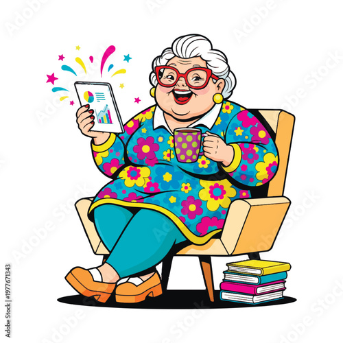 Happy senior woman sitting in an armchair, using a tablet to view financial charts. Vibrant vector illustration of a modern grandmother enjoying technology, coffee, and successful investing.