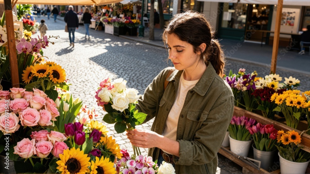 Fototapeta premium Young woman selecting flowers at outdoor market stall