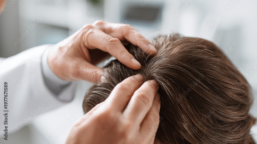 Naklejka premium Doctor examines hair and scalp for signs of alopecia in a clinical setting with a focused approach to patient care and treatment options