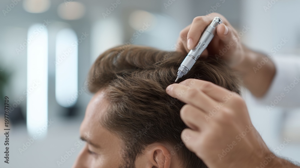 Naklejka premium Man receiving a hair treatment in a clinic setting focused on alopecia in a modern space during daytime hours