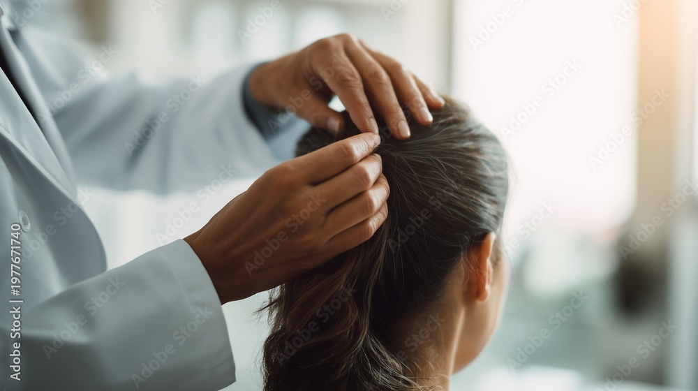 Fototapeta premium Woman with alopecia receiving treatment in a clinic with a doctor assisting during a consultation for hair loss