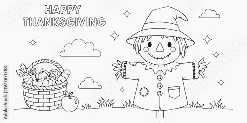 Happy thanksgiving scarecrow with basket.