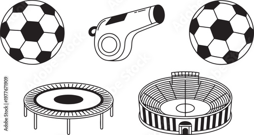 Referee whistle and sports stadium illustration for soccer match officiating, game management, and athletic competition concept design