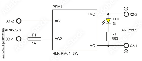 Schematic diagram of electronic device on sheet of paper.  Vector drawing electrical circuit with 
integrated circuit, connector,
resistor, led indicator, fuse, other components.