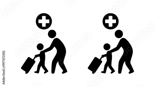 Two silhouette icons show an adult helping a child with luggage and a medical cross symbol above.