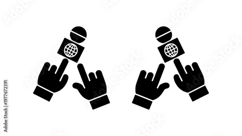 Two black silhouette hands hold microphones with a globe symbol, ready to report news globally.