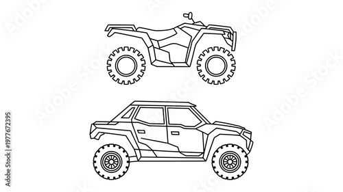 Outline drawings of an all-terrain vehicle and a rugged four-door pickup truck are displayed.