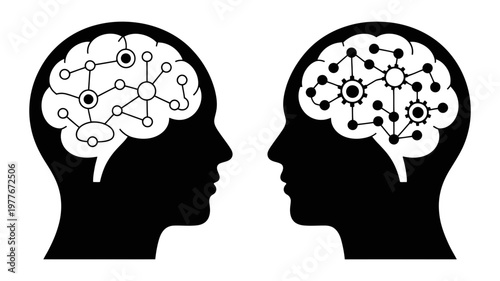 Two silhouette profiles of heads facing each other, with complex network diagrams within their brains