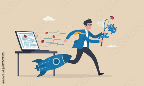 Programming big red software concept, young nerd programmer, coder or software tester running from computer laptop using debugging tools to catch ladybugs