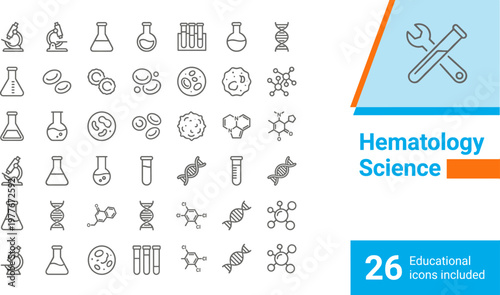 Collection of 26 hematology science educational icons including microscopes and DNA