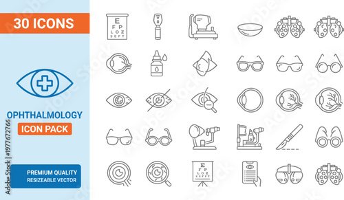 Ophthalmology icon pack for vision and eye care professionals with 30 vector graphics