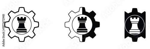 Strategy planning multiple style icon design vector, gear with chess rook representing strategy, decision making, and analytical thinking for business and management concepts, vector illustration.