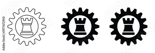 AdStrategy planning multiple style icon design vector, chess rook inside a gear symbolizing strategic thinking, business planning, and problem solving concept, vector Illustrator Artwork