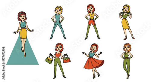 Stylized women figures in various poses and outfits illustration