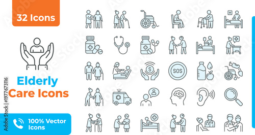 Elderly care icons set with various illustrations