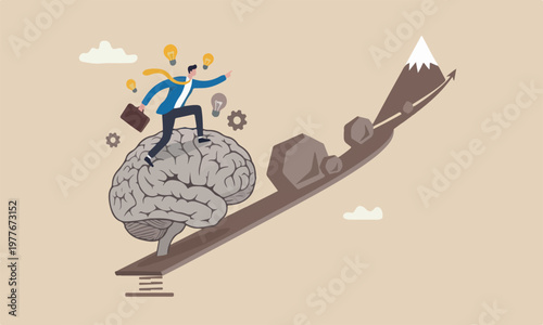Brain intelligence mountain, smart or wisdom to brainstorm, imagination to success concept, businessman riding human brain with springboard