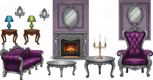 Set of Vintage Elegant Furniture with Purple Upholstered Chairs, Sofa, Fireplace, Mirrors, and Lamps for Interior Design