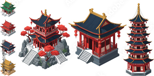 Set of Traditional Asian Temples and Pagodas in Red with Lanterns and Architectural Details for Cultural and Historical Illustrations