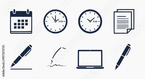 Minimalist business office icon set, dark blue corporate symbols for productivity, calendar clock and laptop vector elements for schedule management