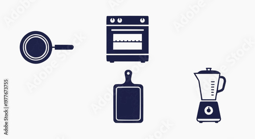 Minimalist kitchen appliance icons, flat vector set of cooking equipment, dark blue stove blender frying pan and cutting board for culinary apps