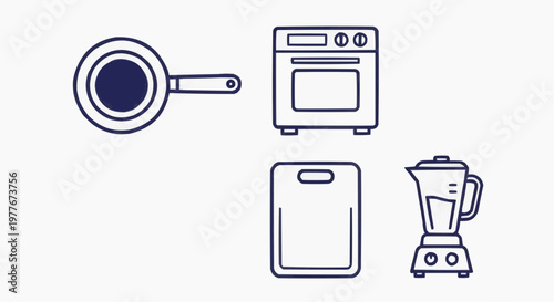 Minimalist kitchen appliance icons, line art set of 4 vector elements, modern cooking equipment including oven, blender, frying pan and cutting board