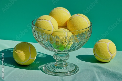 Bright still life of yellow tennis balls in a glass bowl on green background, vibrant colors, sporty minimal composition, fresh modern aesthetic and playful summer ice cream concept.