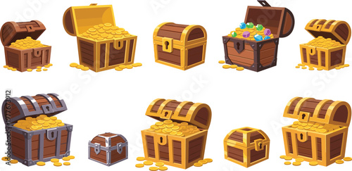 Set of Treasure Chests with Gold Coins and Jewels for Adventure, Pirate, and Fantasy Game Illustrations