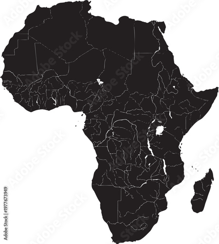Textured black silhouette of the african continent with a distressed grunge overlay isolated on a transparent background symbolizing global connection and raw untamed geography