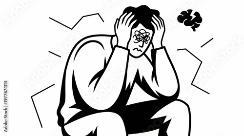 Stressed person holding their head in confusion as a vector illustration representing mental fatigue and emotional burnout for modern conceptual design and professional psychology business projects